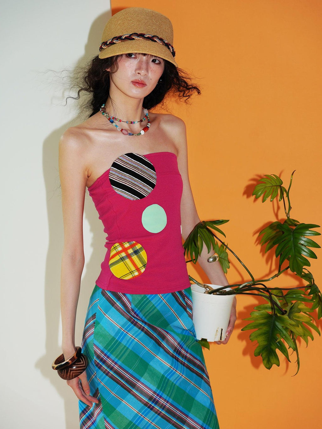badtaste Western Colorblock Patchwork Applique Polka Dot Strapless Women's Tube Tops