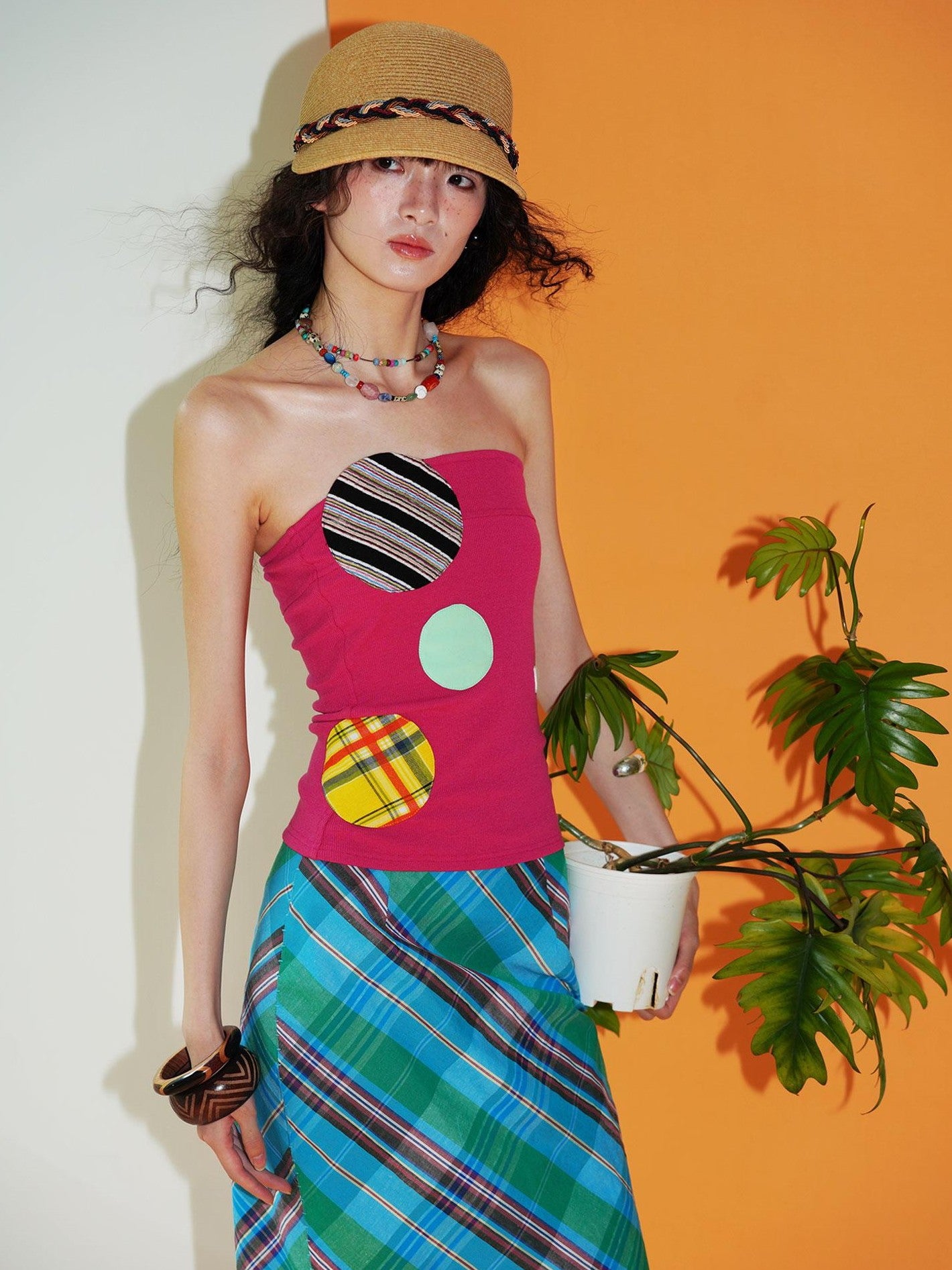 badtaste Western Colorblock Patchwork Applique Polka Dot Strapless Women's Tube Tops