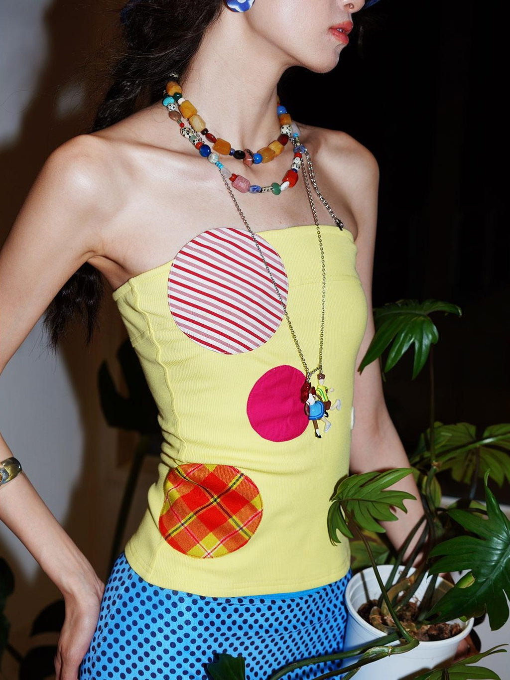 badtaste Western Colorblock Patchwork Applique Polka Dot Strapless Women's Tube Tops