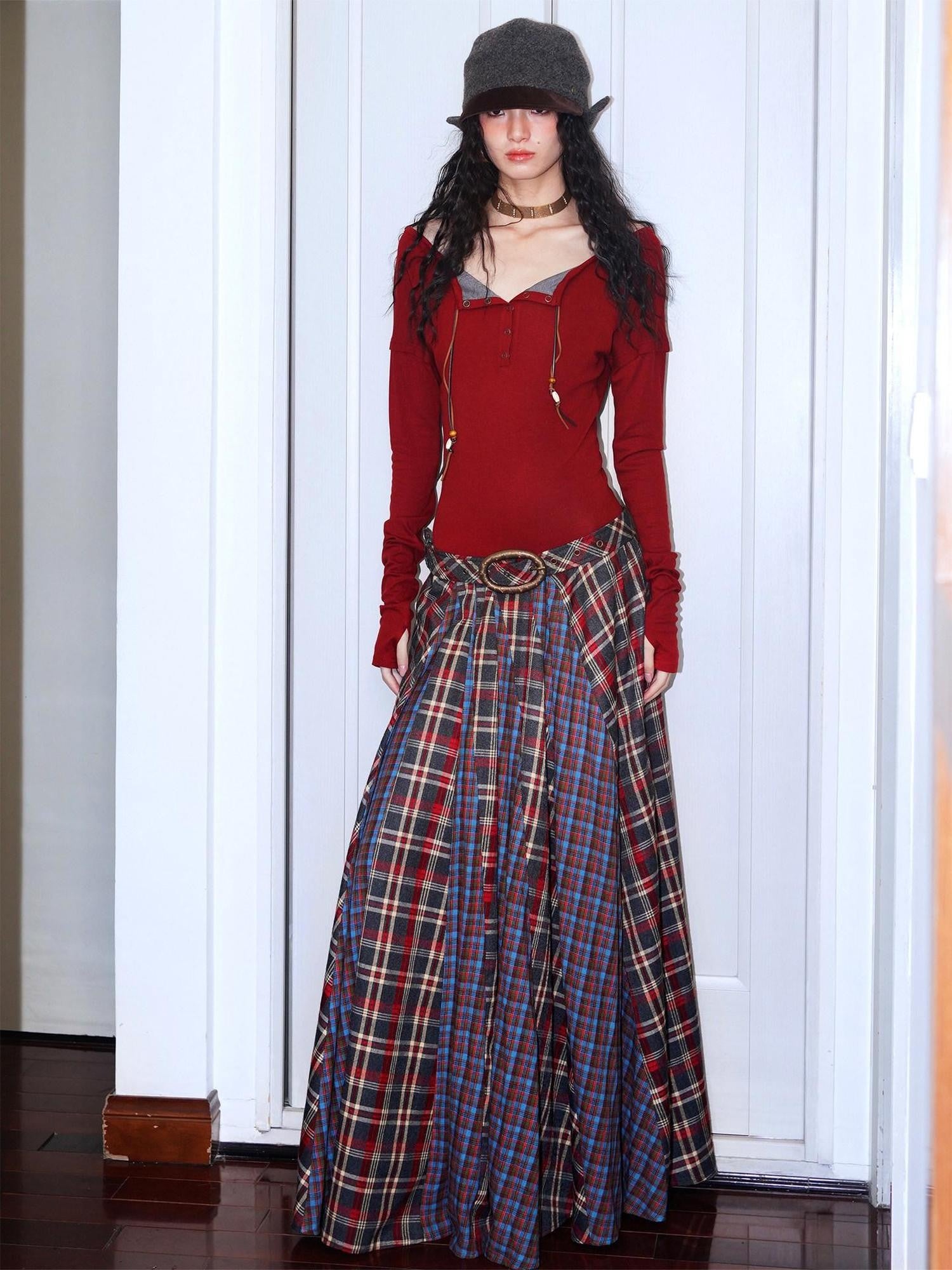 badtaste Western Colorblock Plaid Layered Women's Wool Blend Casual Maxi Dresses