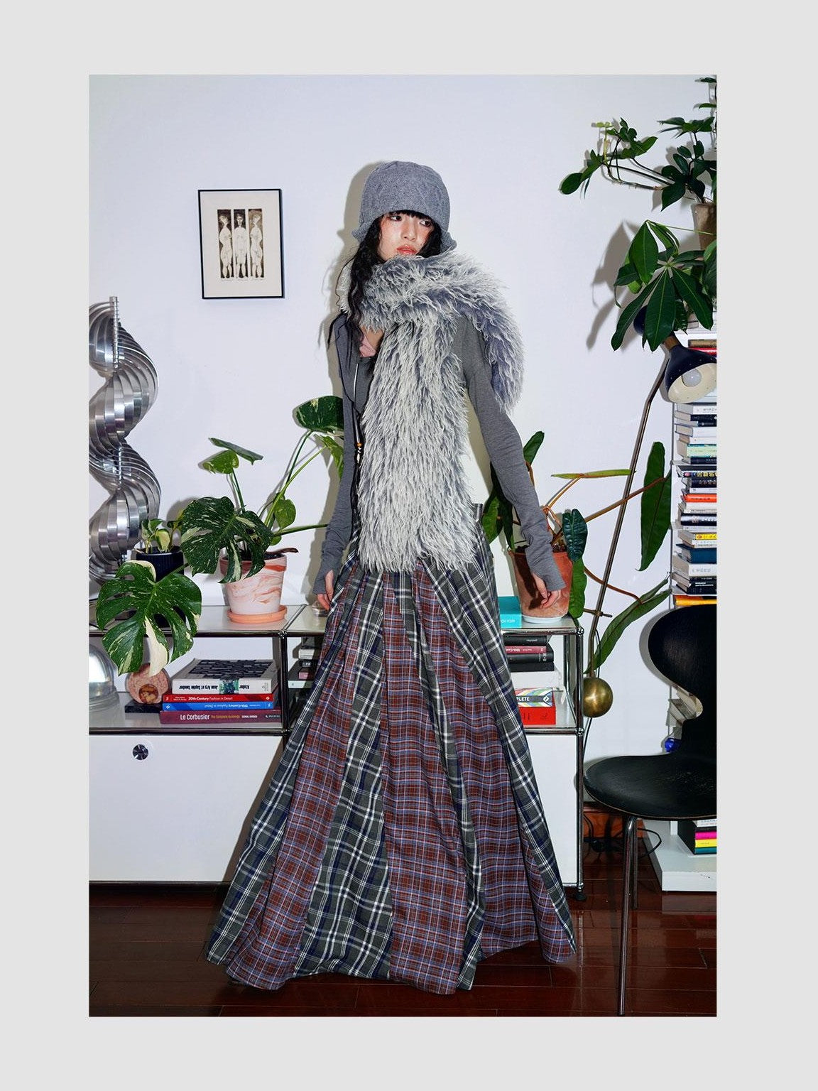 badtaste Western Colorblock Plaid Layered Women's Wool Blend Casual Maxi Dresses