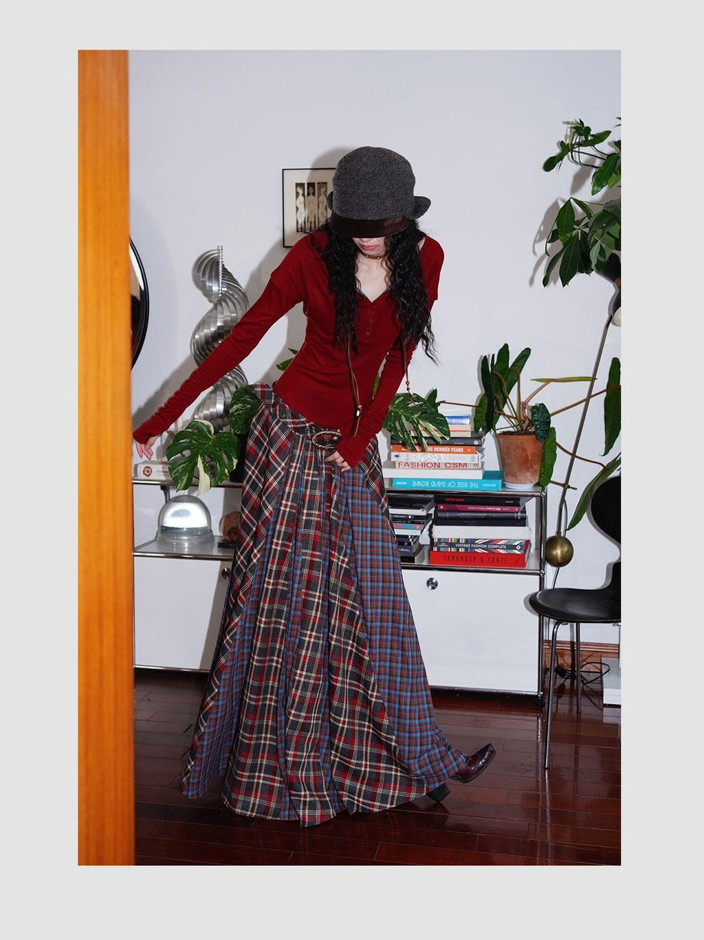badtaste Western Colorblock Plaid Layered Women's Wool Blend Casual Maxi Dresses