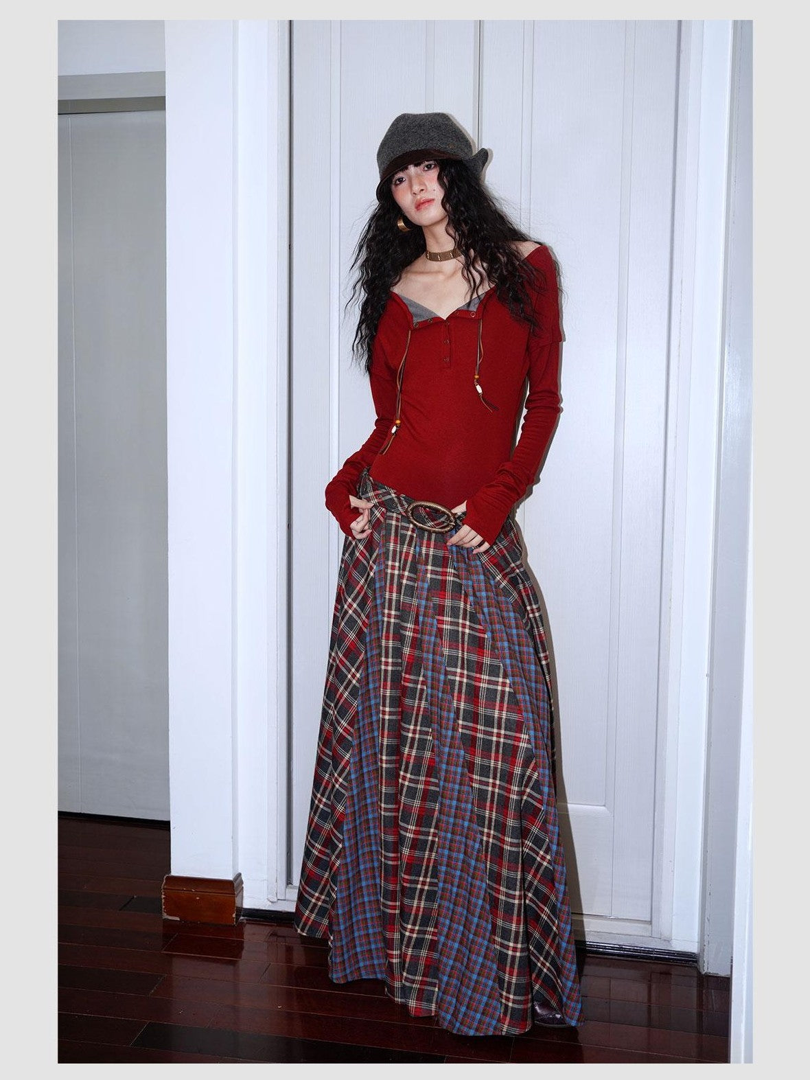 badtaste Western Colorblock Plaid Layered Women's Wool Blend Casual Maxi Dresses