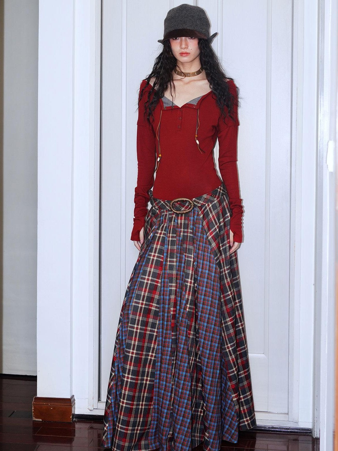 badtaste Western Colorblock Plaid Layered Women's Wool Blend Casual Maxi Dresses