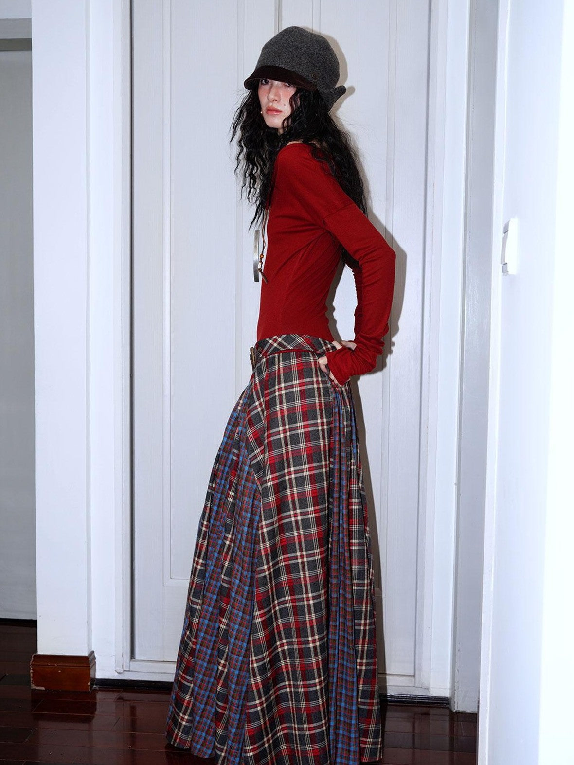 badtaste Western Colorblock Plaid Layered Women's Wool Blend Casual Maxi Dresses