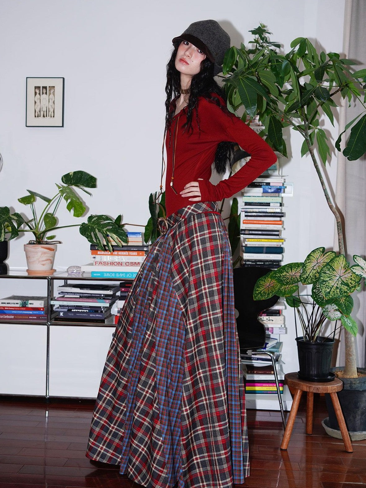 badtaste Western Colorblock Plaid Layered Women's Wool Blend Casual Maxi Dresses