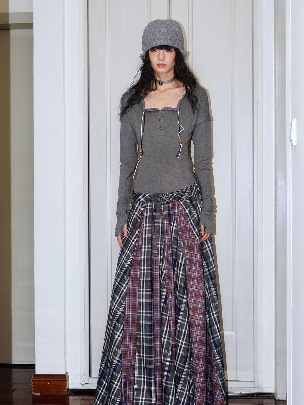badtaste Western Colorblock Plaid Layered Women's Wool Blend Casual Maxi Dresses