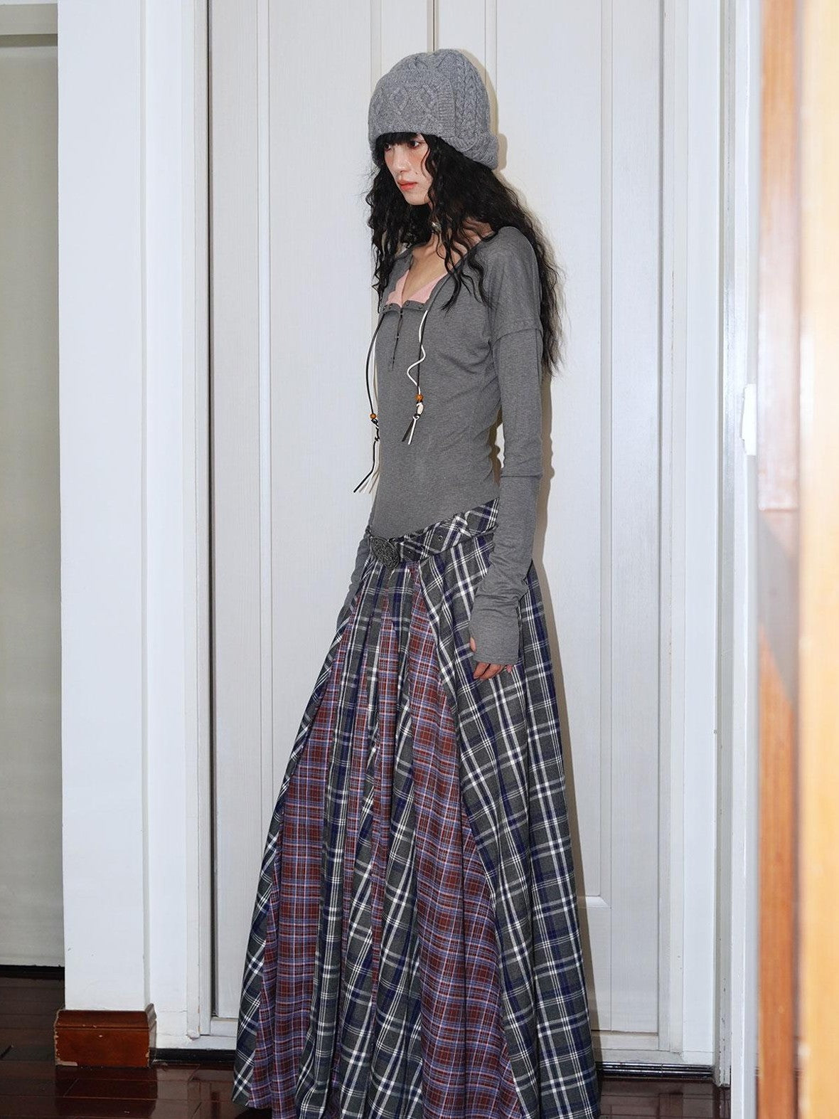 badtaste Western Colorblock Plaid Layered Women's Wool Blend Casual Maxi Dresses