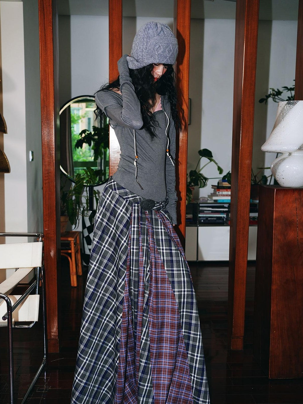 badtaste Western Colorblock Plaid Layered Women's Wool Blend Casual Maxi Dresses