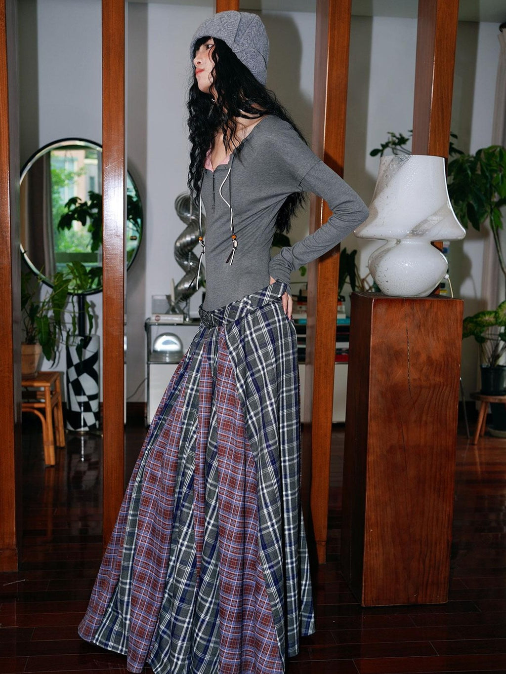 badtaste Western Colorblock Plaid Layered Women's Wool Blend Casual Maxi Dresses