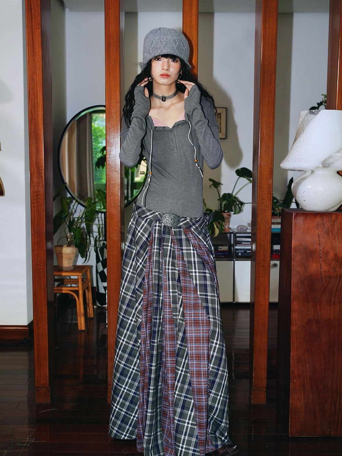 badtaste Western Colorblock Plaid Layered Women's Wool Blend Casual Maxi Dresses