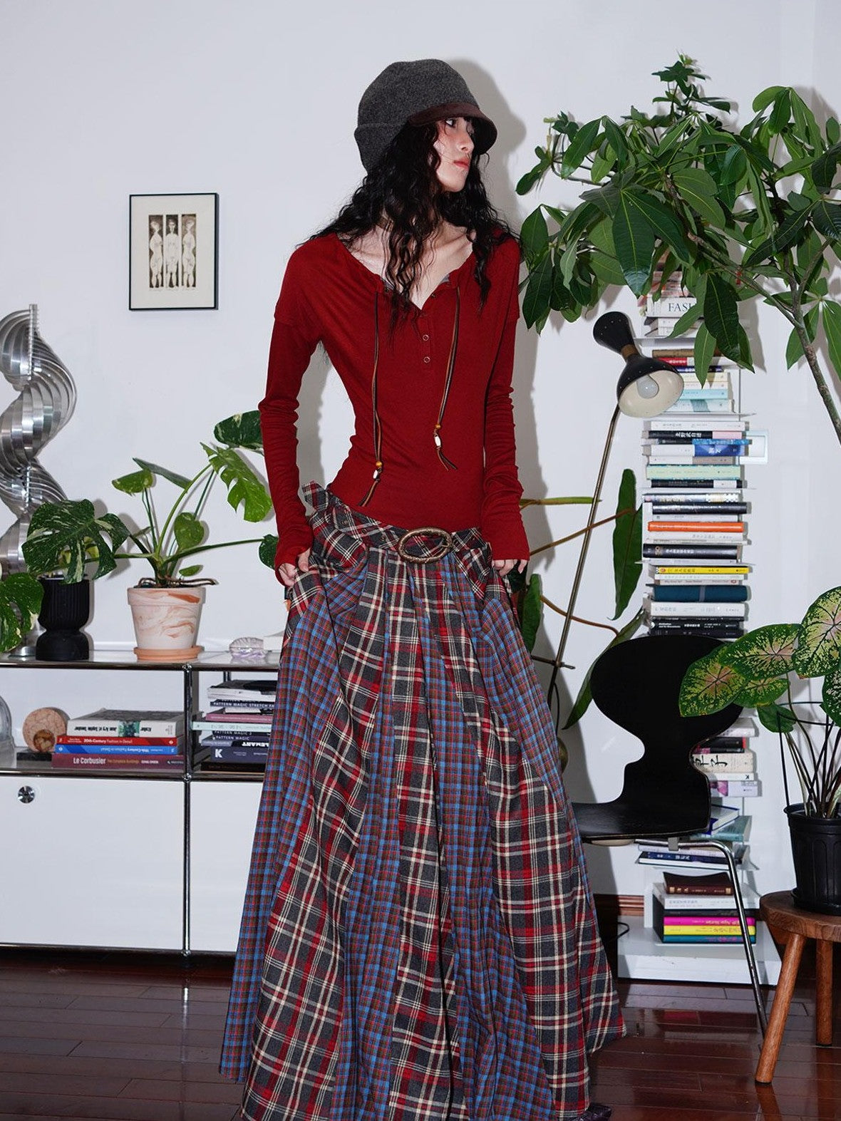 badtaste Western Colorblock Plaid Layered Women's Wool Blend Casual Maxi Dresses
