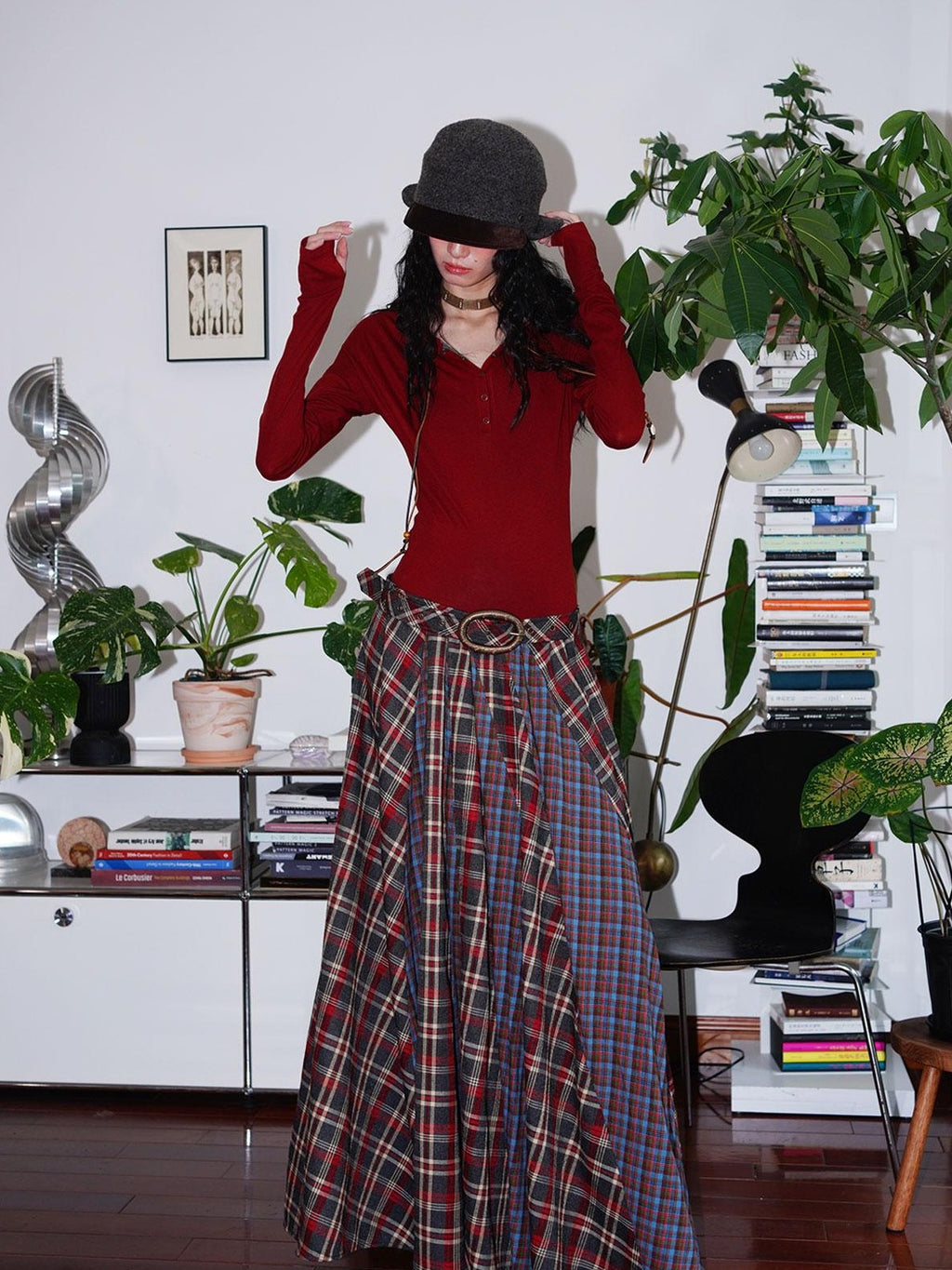 badtaste Western Colorblock Plaid Layered Women's Wool Blend Casual Maxi Dresses