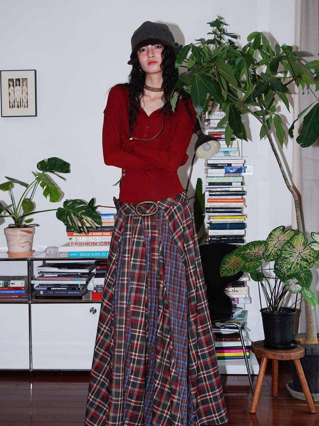 badtaste Western Colorblock Plaid Layered Women's Wool Blend Casual Maxi Dresses