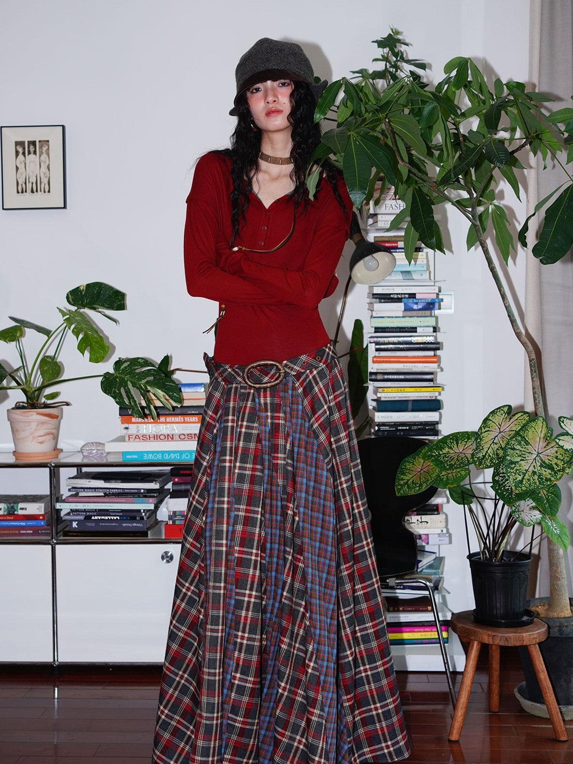badtaste Western Colorblock Plaid Layered Women's Wool Blend Casual Maxi Dresses