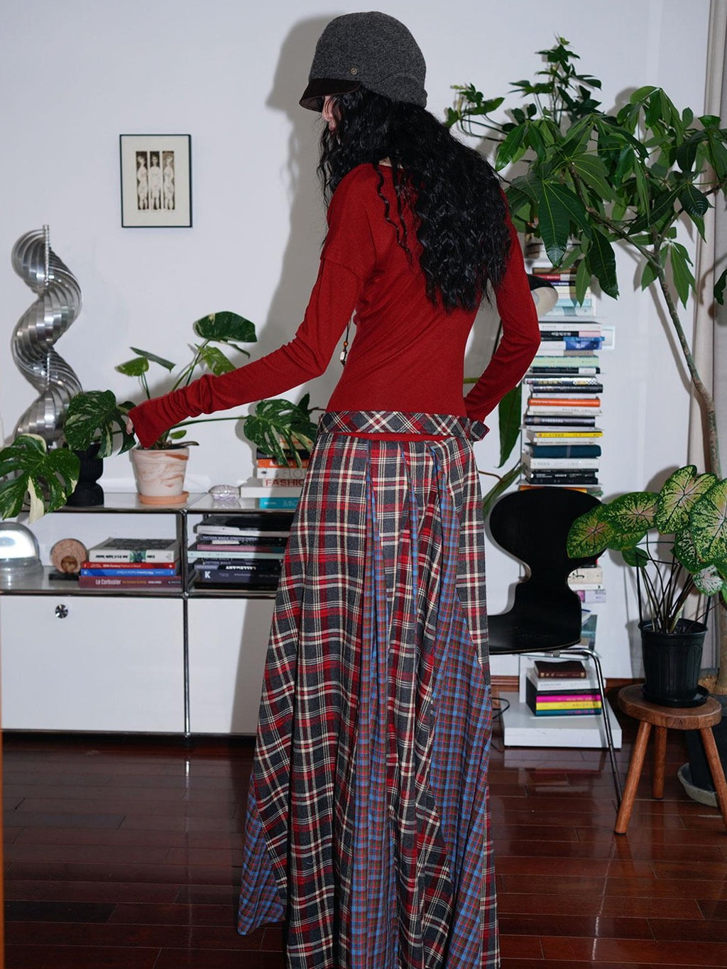 badtaste Western Colorblock Plaid Layered Women's Wool Blend Casual Maxi Dresses