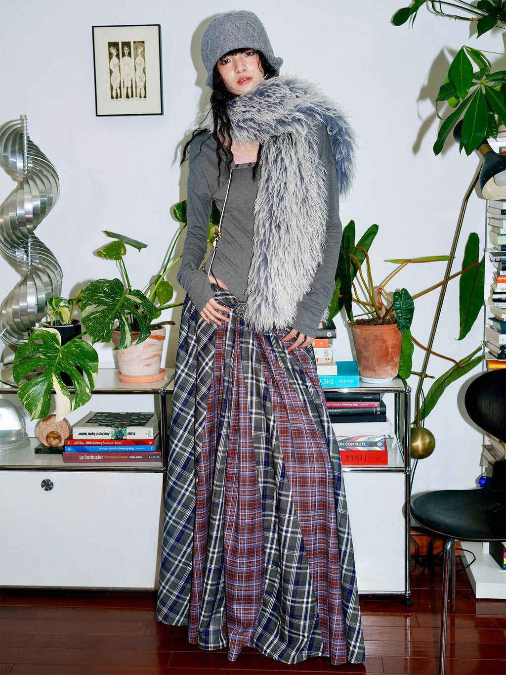 badtaste Western Colorblock Plaid Layered Women's Wool Blend Casual Maxi Dresses
