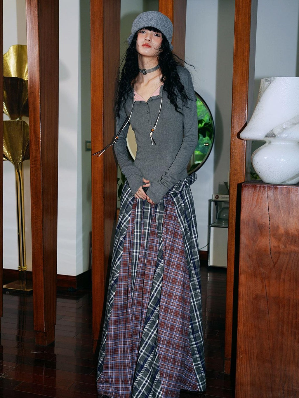 badtaste Western Colorblock Plaid Layered Women's Wool Blend Casual Maxi Dresses