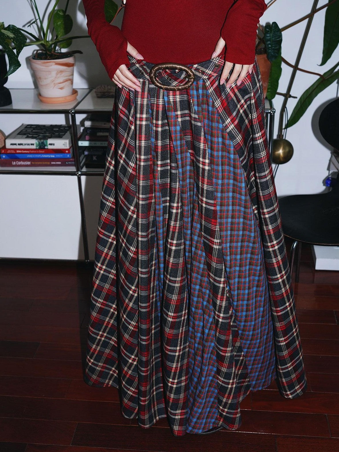 badtaste Western Colorblock Plaid Layered Women's Wool Blend Casual Maxi Dresses