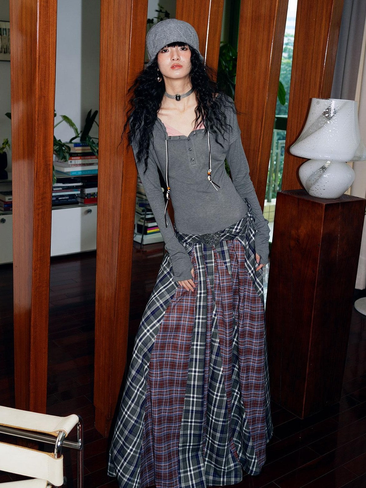 badtaste Western Colorblock Plaid Layered Women's Wool Blend Casual Maxi Dresses