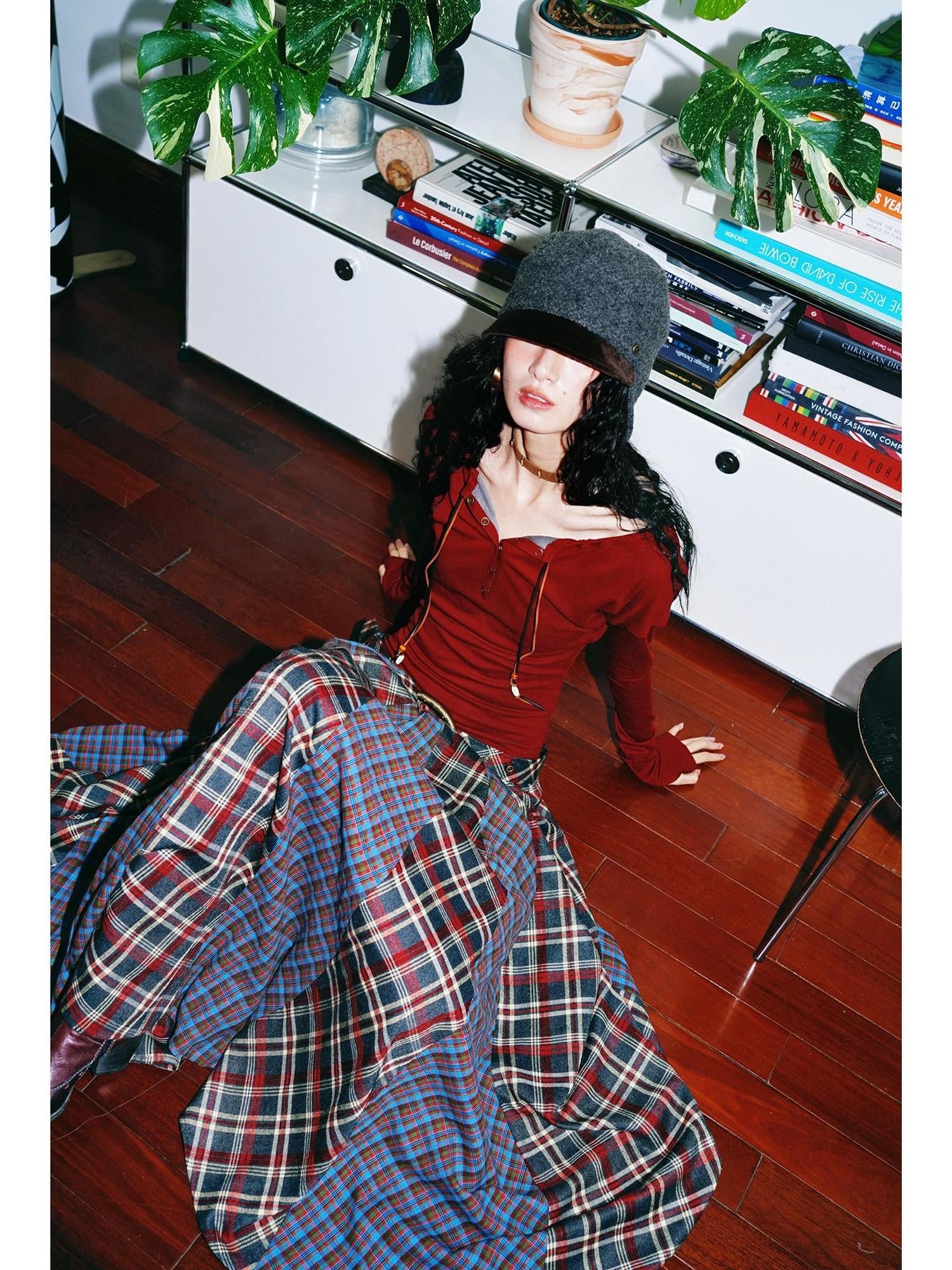badtaste Western Colorblock Plaid Layered Women's Wool Blend Casual Maxi Dresses