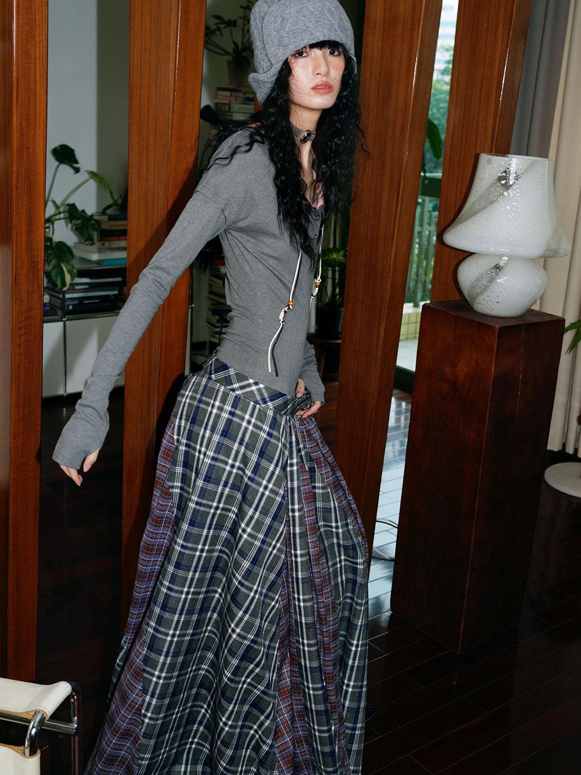 badtaste Western Colorblock Plaid Layered Women's Wool Blend Casual Maxi Dresses