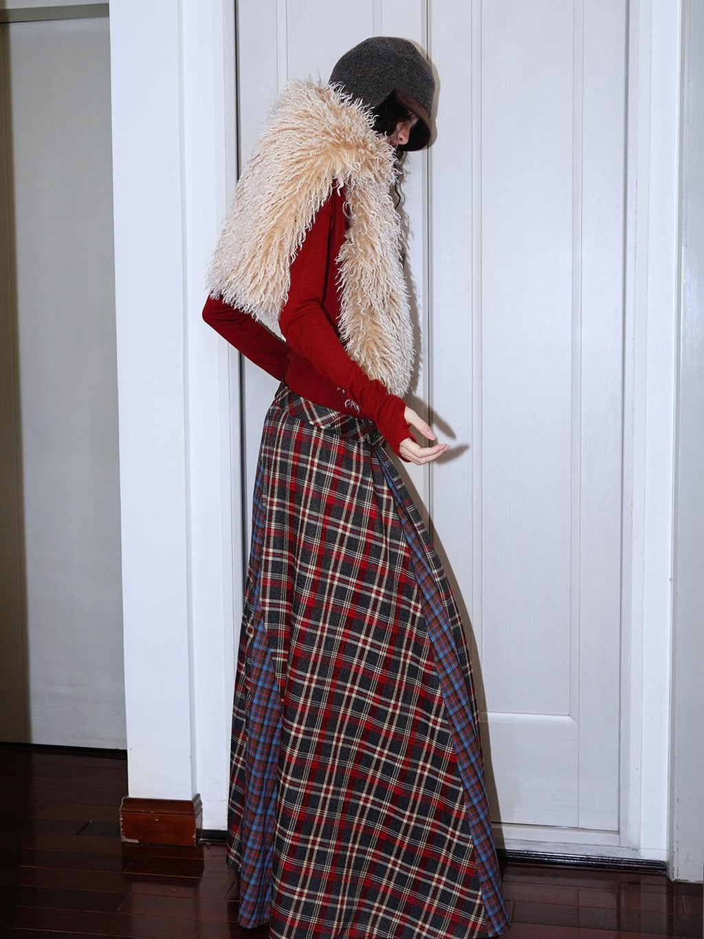 badtaste Western Colorblock Plaid Layered Women's Wool Blend Casual Maxi Dresses