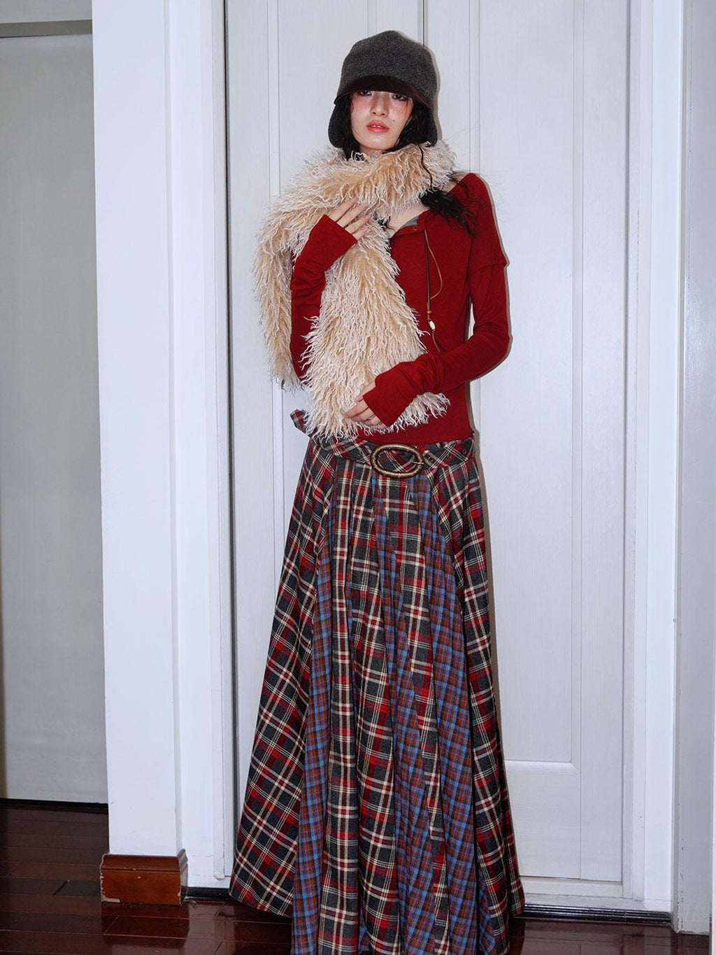 badtaste Western Colorblock Plaid Layered Women's Wool Blend Casual Maxi Dresses
