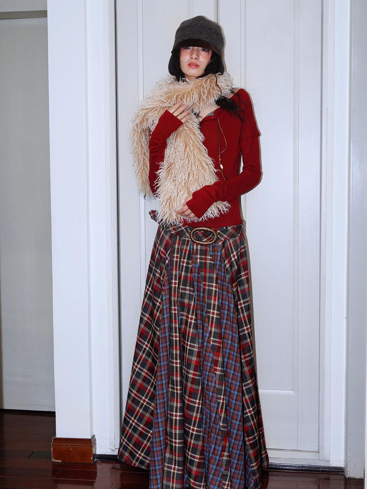 badtaste Western Colorblock Plaid Layered Women's Wool Blend Casual Maxi Dresses
