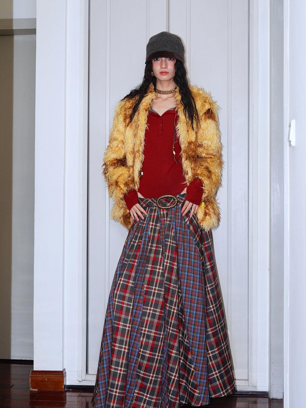 badtaste Western Colorblock Plaid Layered Women's Wool Blend Casual Maxi Dresses
