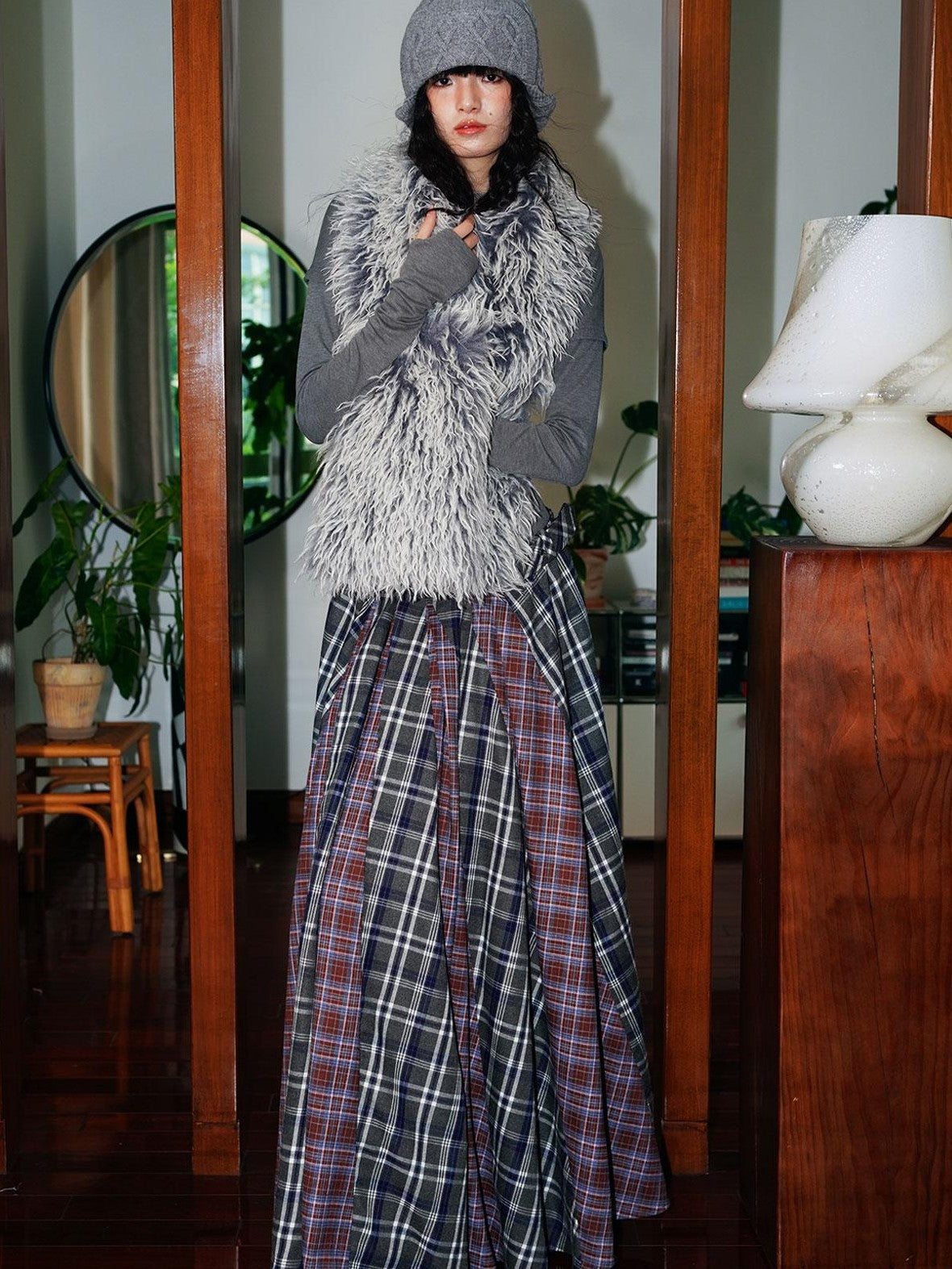 badtaste Western Colorblock Plaid Layered Women's Wool Blend Casual Maxi Dresses