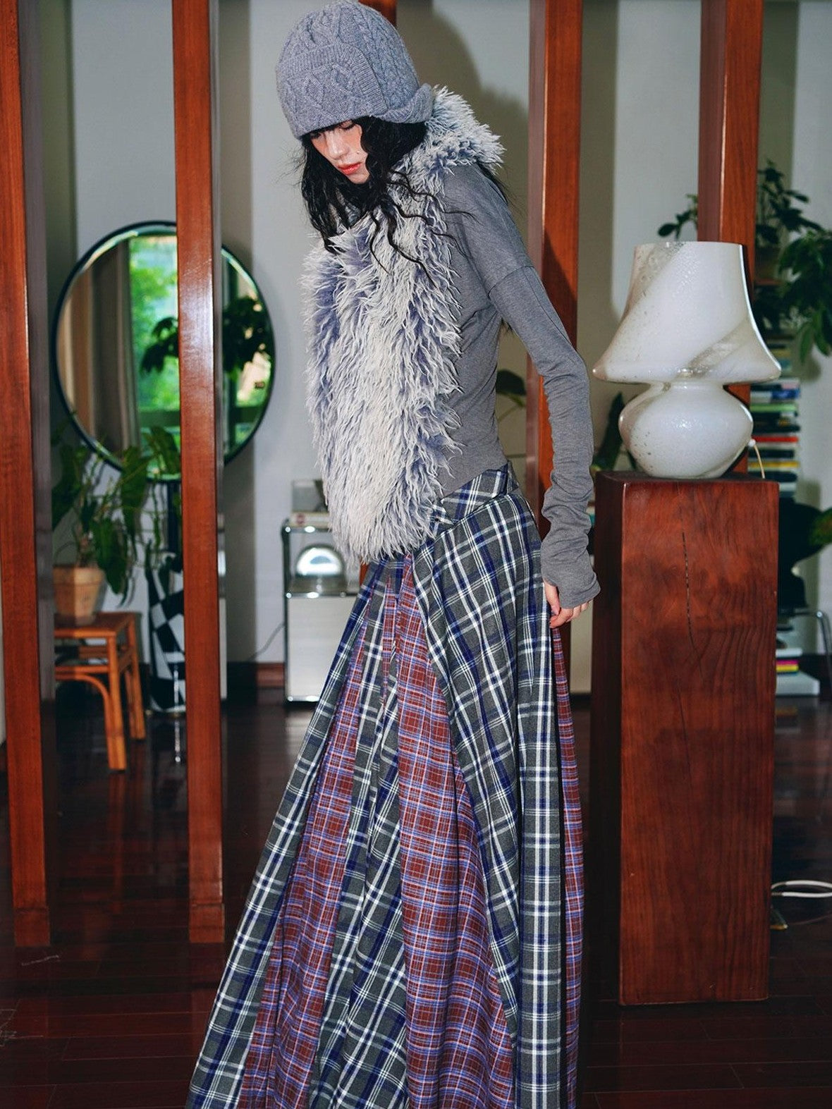 badtaste Western Colorblock Plaid Layered Women's Wool Blend Casual Maxi Dresses