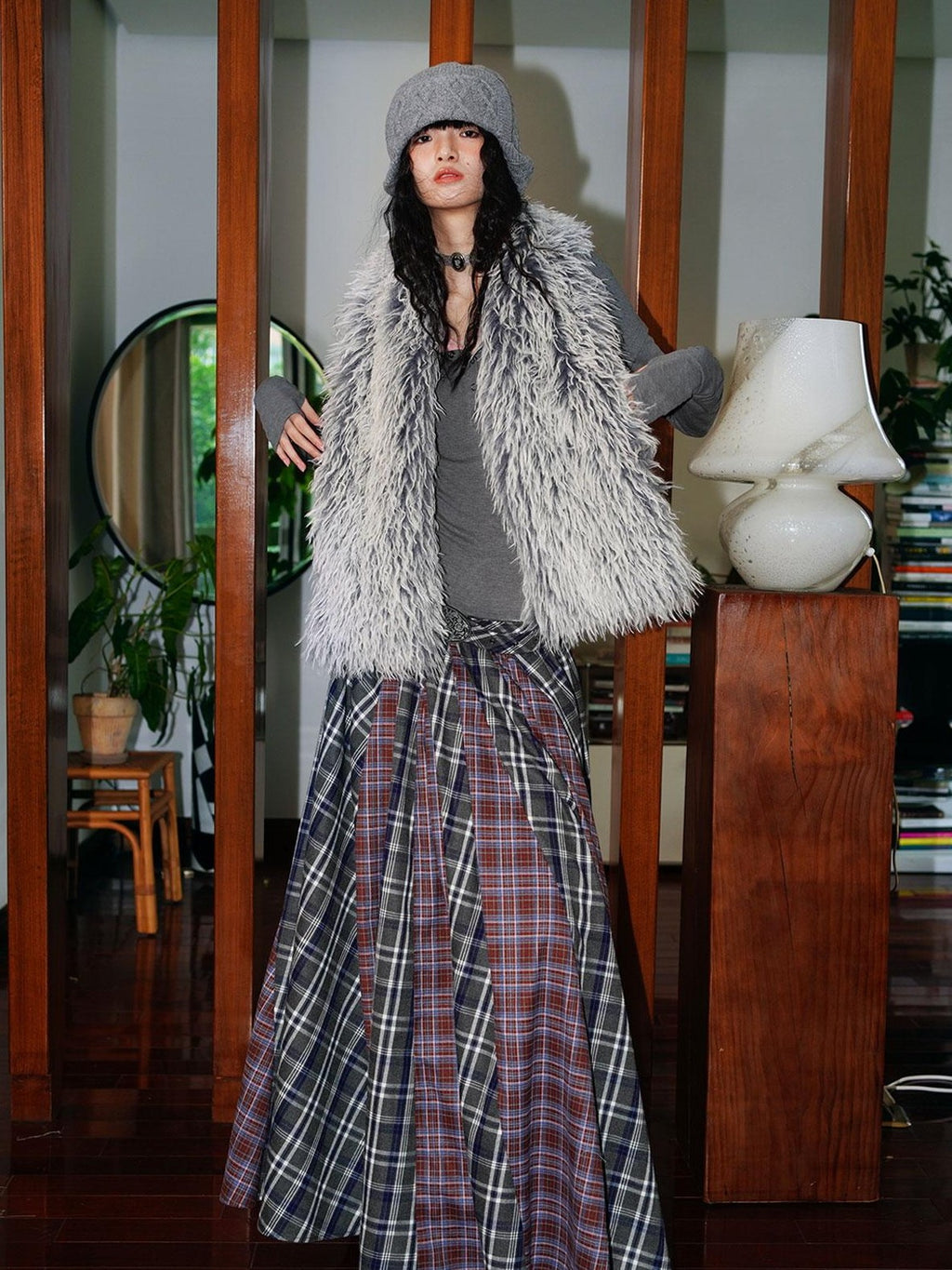 badtaste Western Colorblock Plaid Layered Women's Wool Blend Casual Maxi Dresses