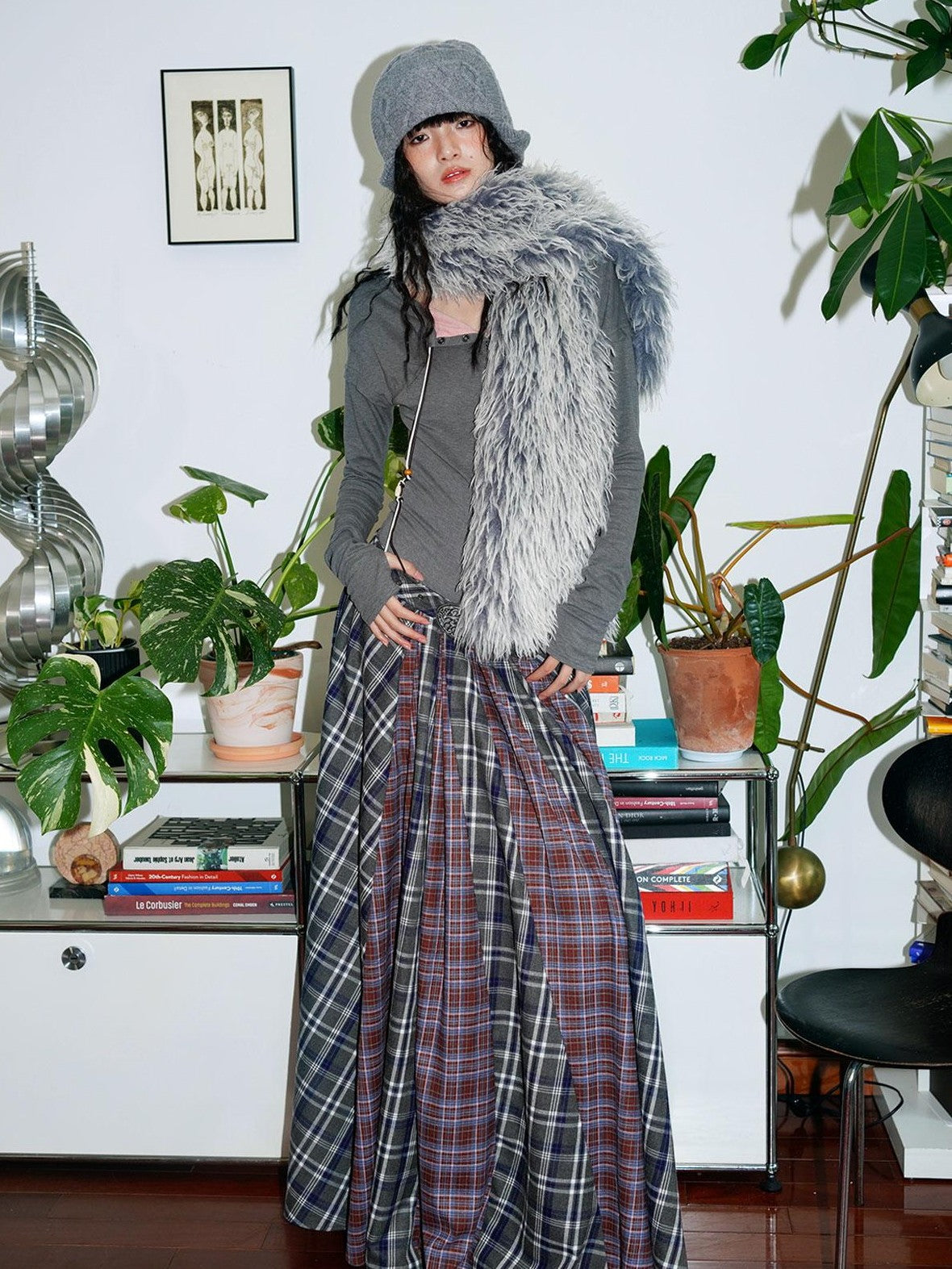 badtaste Western Colorblock Plaid Layered Women's Wool Blend Casual Maxi Dresses