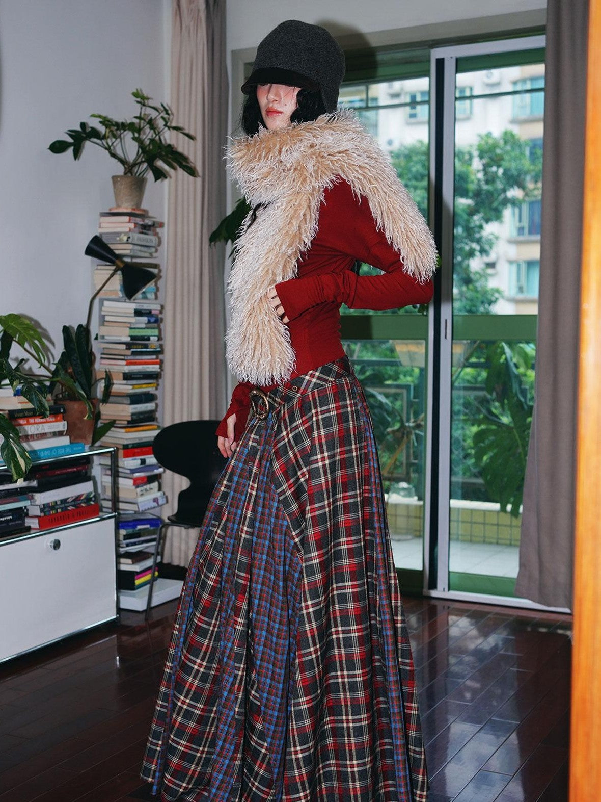 badtaste Western Colorblock Plaid Layered Women's Wool Blend Casual Maxi Dresses