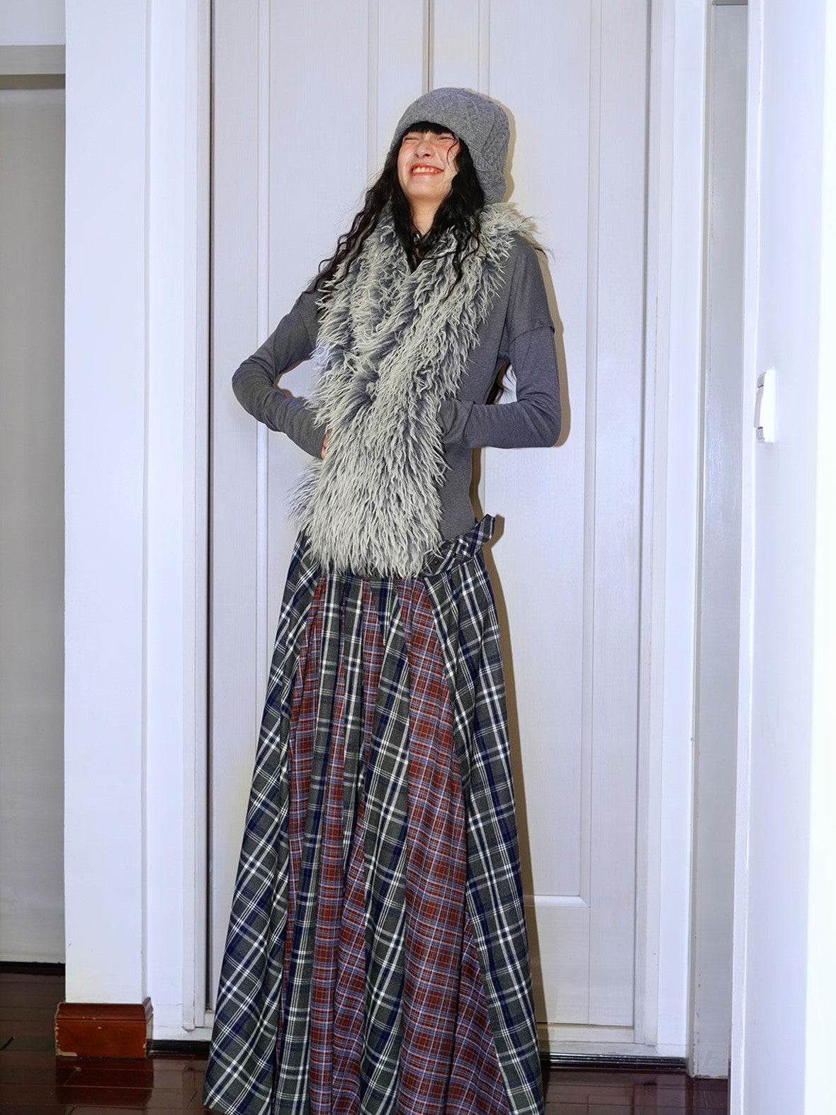 badtaste Western Colorblock Plaid Layered Women's Wool Blend Casual Maxi Dresses