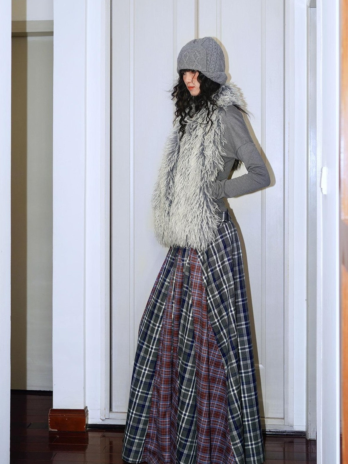 badtaste Western Colorblock Plaid Layered Women's Wool Blend Casual Maxi Dresses