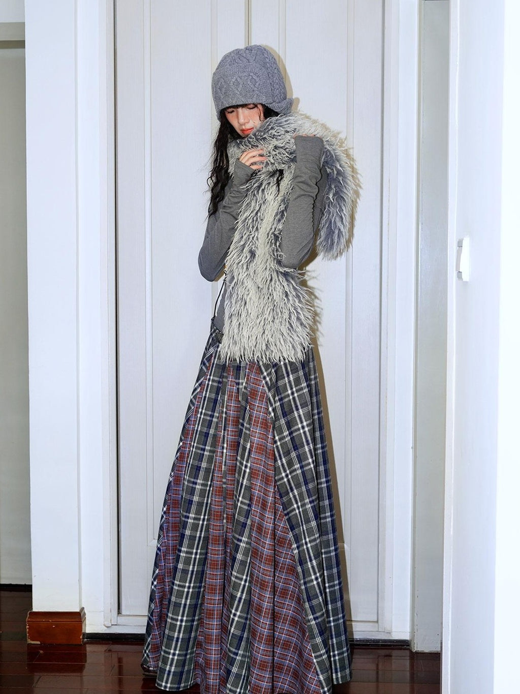 badtaste Western Colorblock Plaid Layered Women's Wool Blend Casual Maxi Dresses