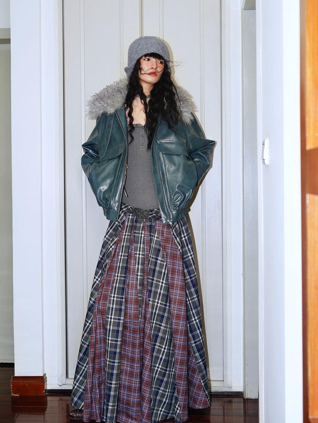 badtaste Western Colorblock Plaid Layered Women's Wool Blend Casual Maxi Dresses