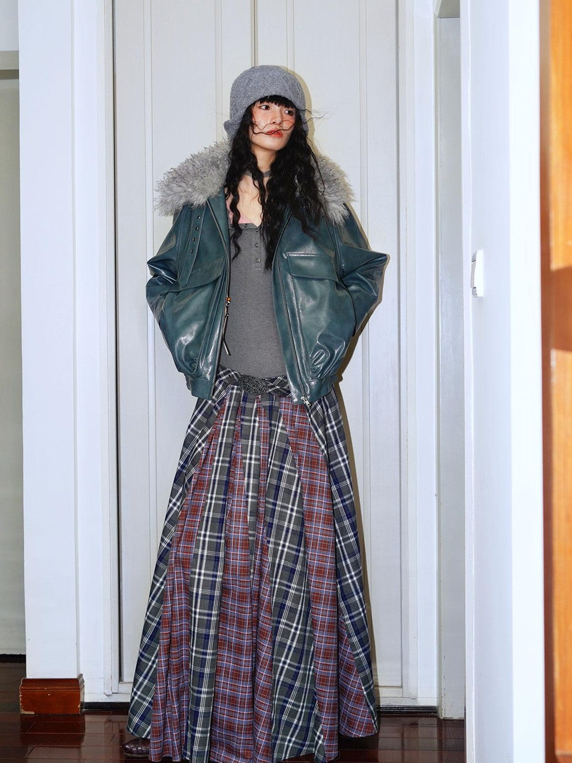 badtaste Western Colorblock Plaid Layered Women's Wool Blend Casual Maxi Dresses