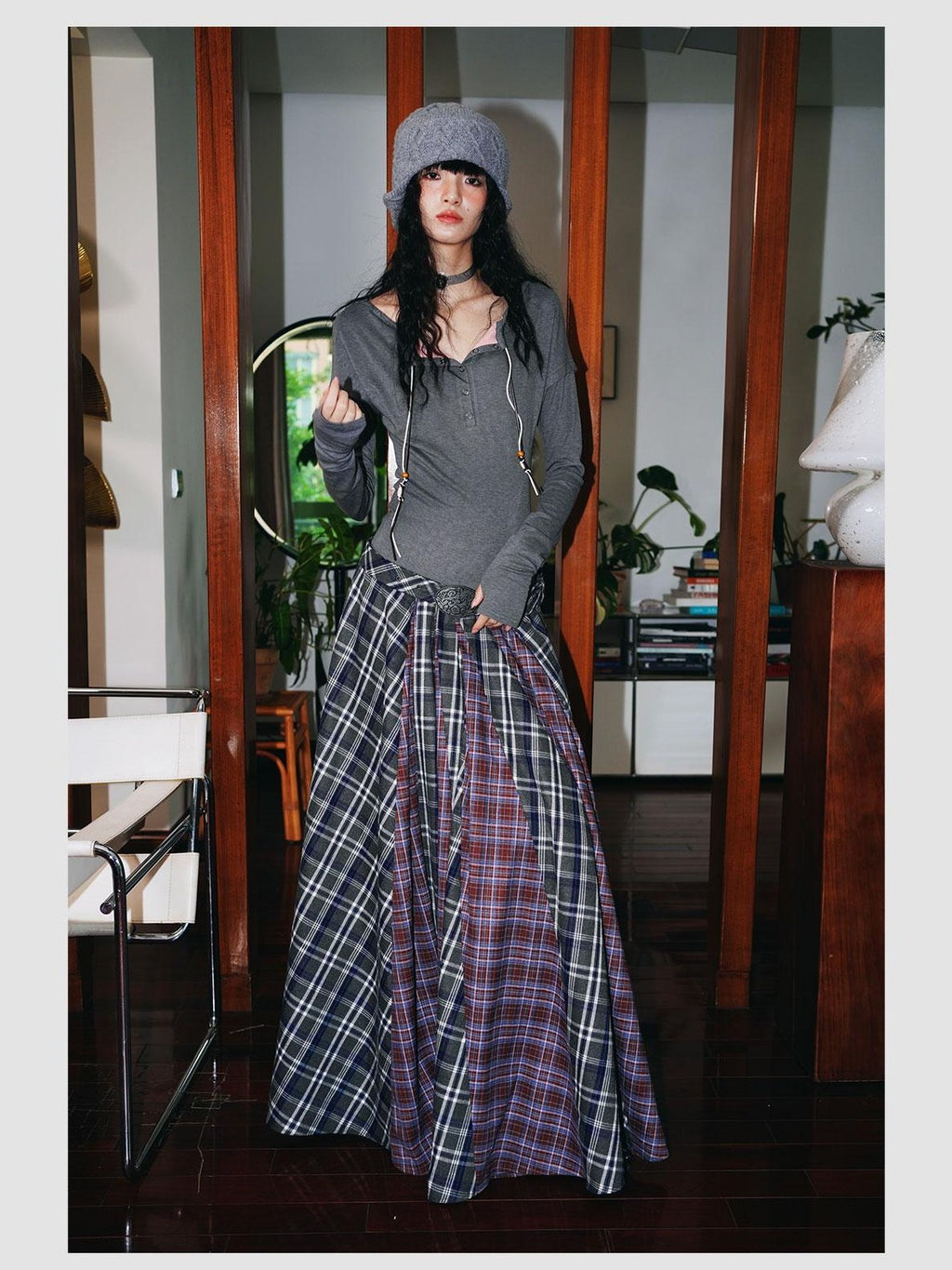 badtaste Western Colorblock Plaid Layered Women's Wool Blend Casual Maxi Dresses