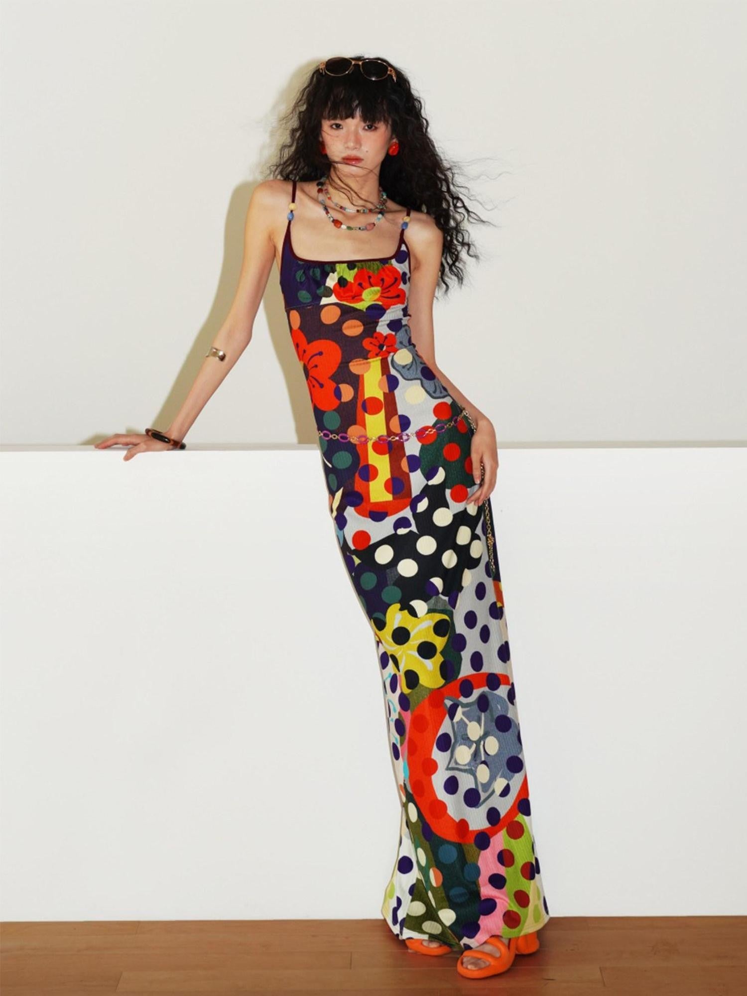 badtaste Western Colorblock Polka Dot Beaded Square Neck Women's Knit Slip Maxi Dresses