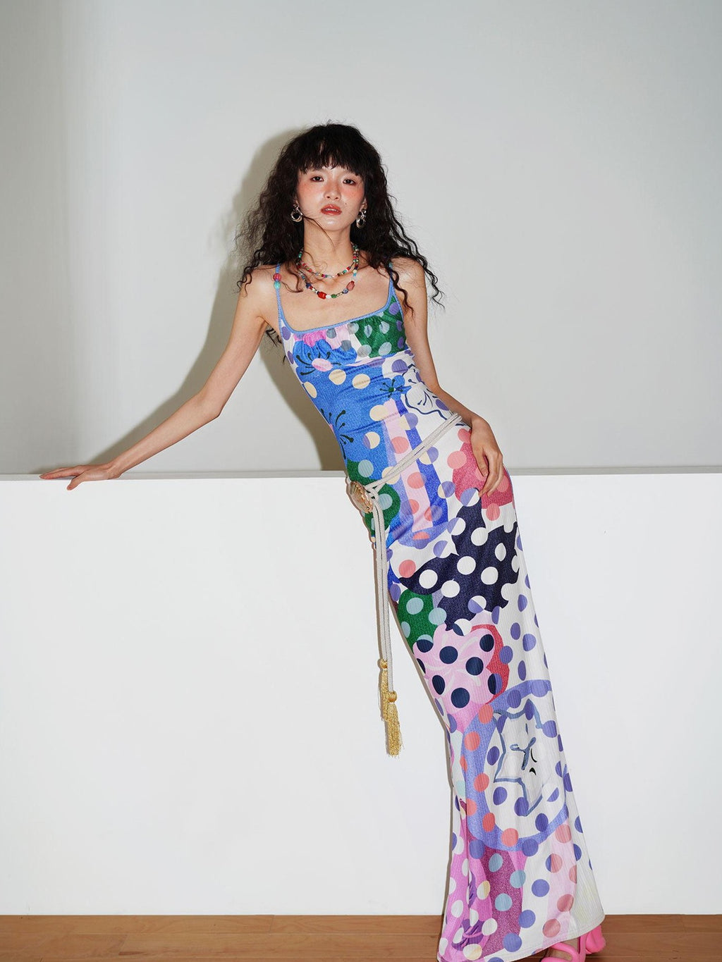 badtaste Western Colorblock Polka Dot Beaded Square Neck Women's Knit Slip Maxi Dresses