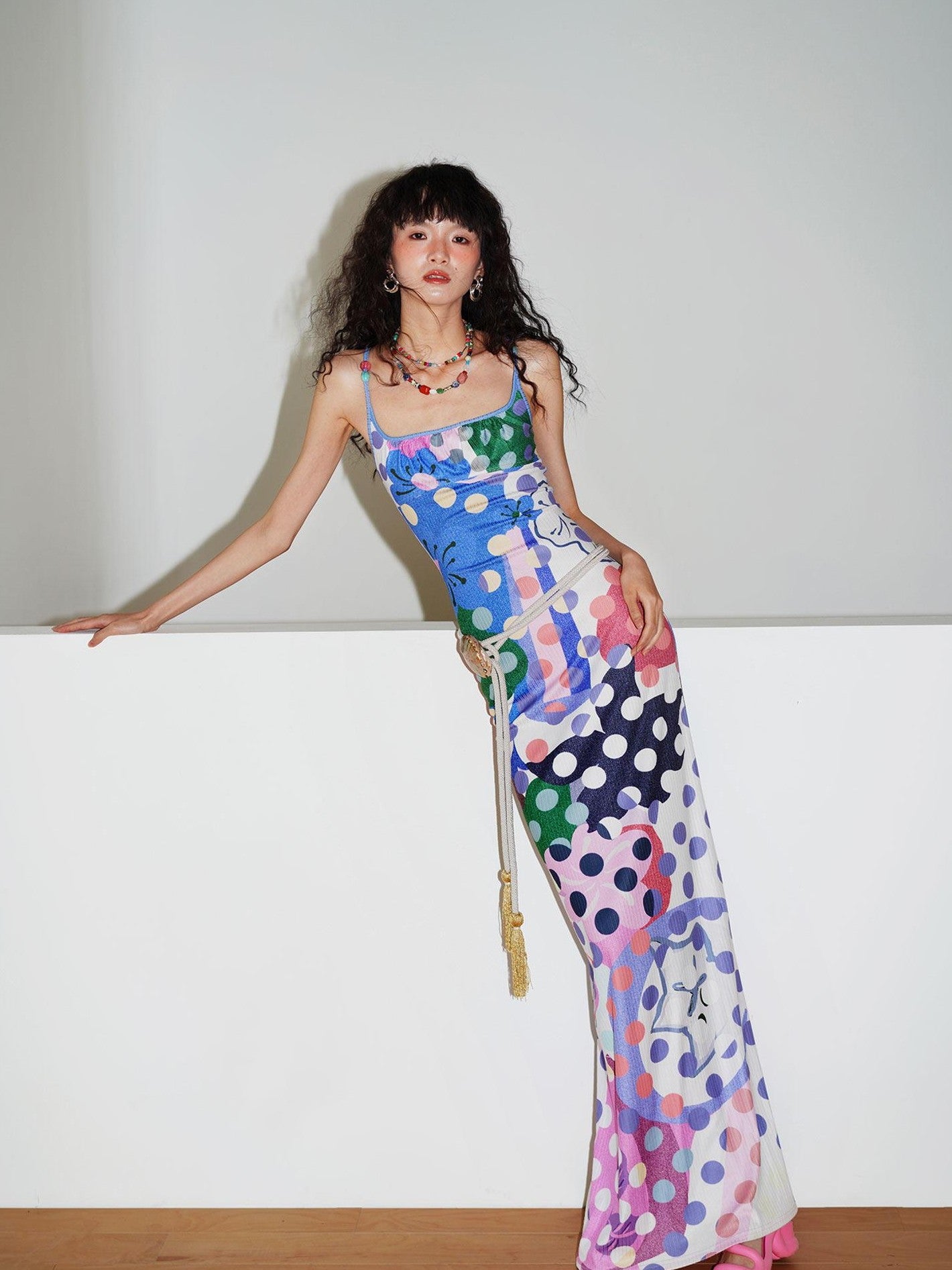 badtaste Western Colorblock Polka Dot Beaded Square Neck Women's Knit Slip Maxi Dresses