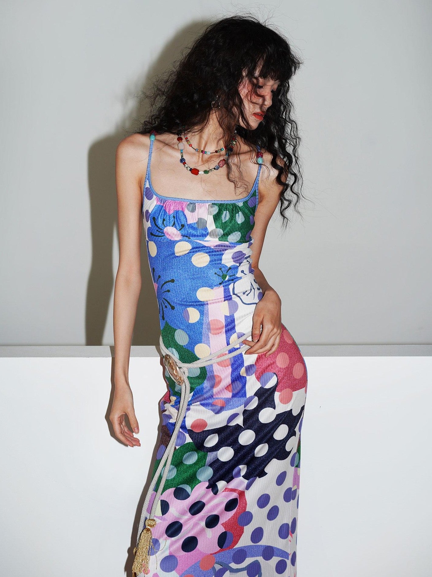 badtaste Western Colorblock Polka Dot Beaded Square Neck Women's Knit Slip Maxi Dresses