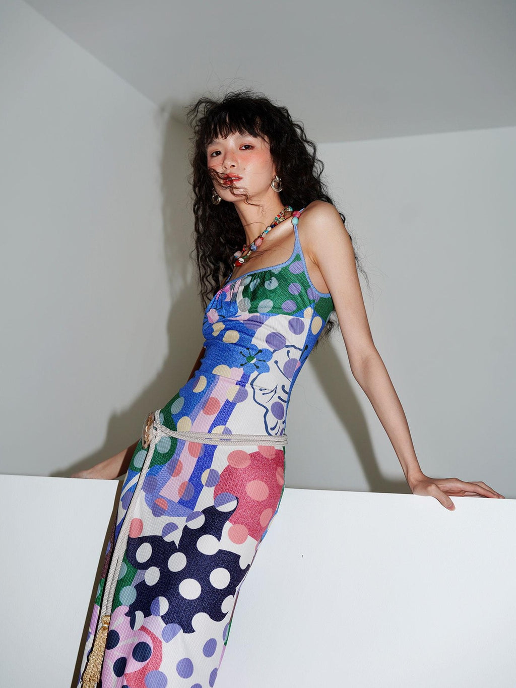 badtaste Western Colorblock Polka Dot Beaded Square Neck Women's Knit Slip Maxi Dresses