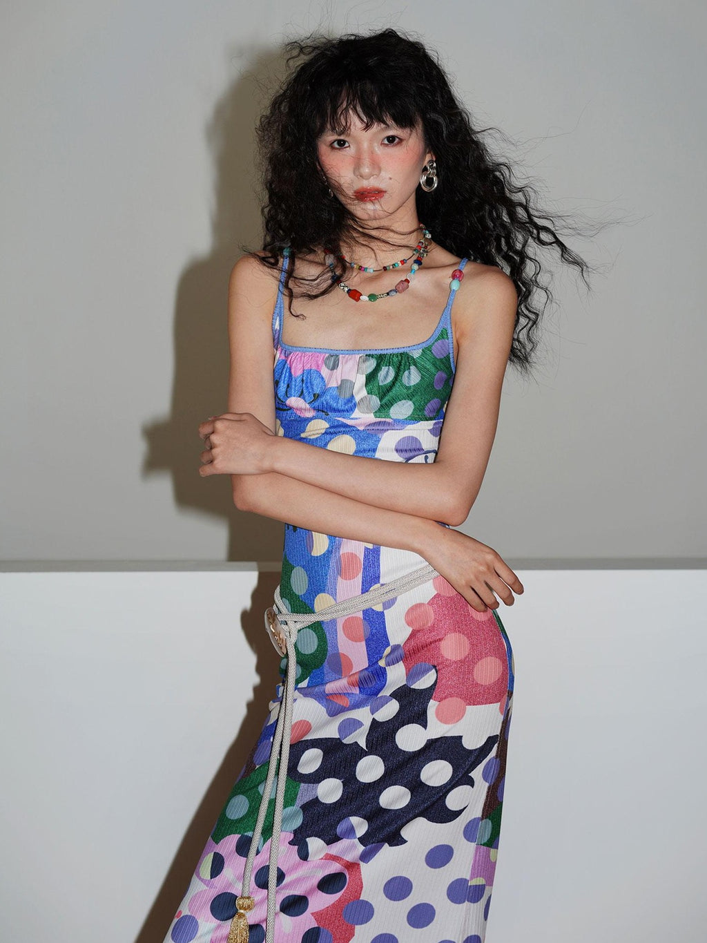 badtaste Western Colorblock Polka Dot Beaded Square Neck Women's Knit Slip Maxi Dresses