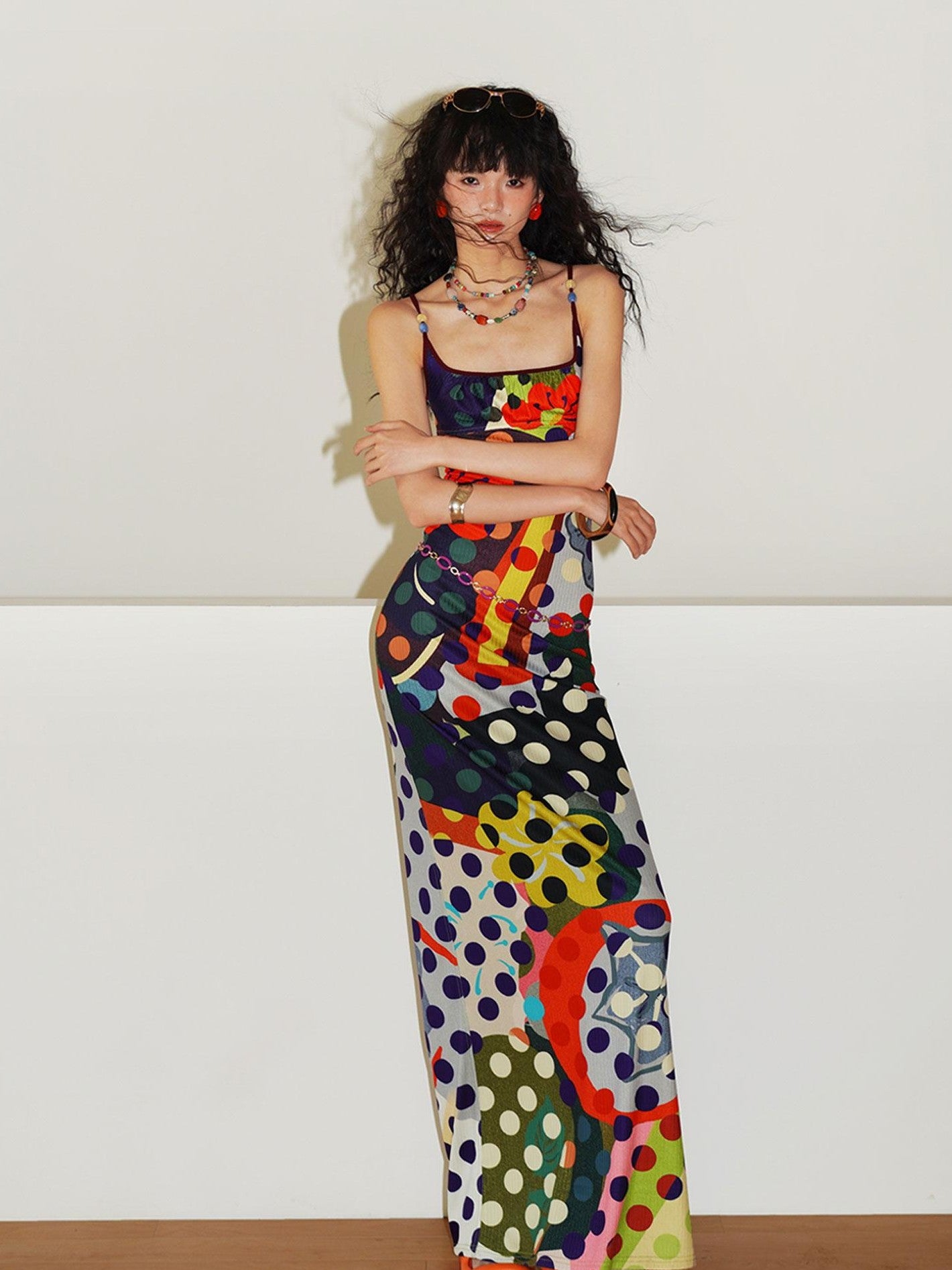 badtaste Western Colorblock Polka Dot Beaded Square Neck Women's Knit Slip Maxi Dresses