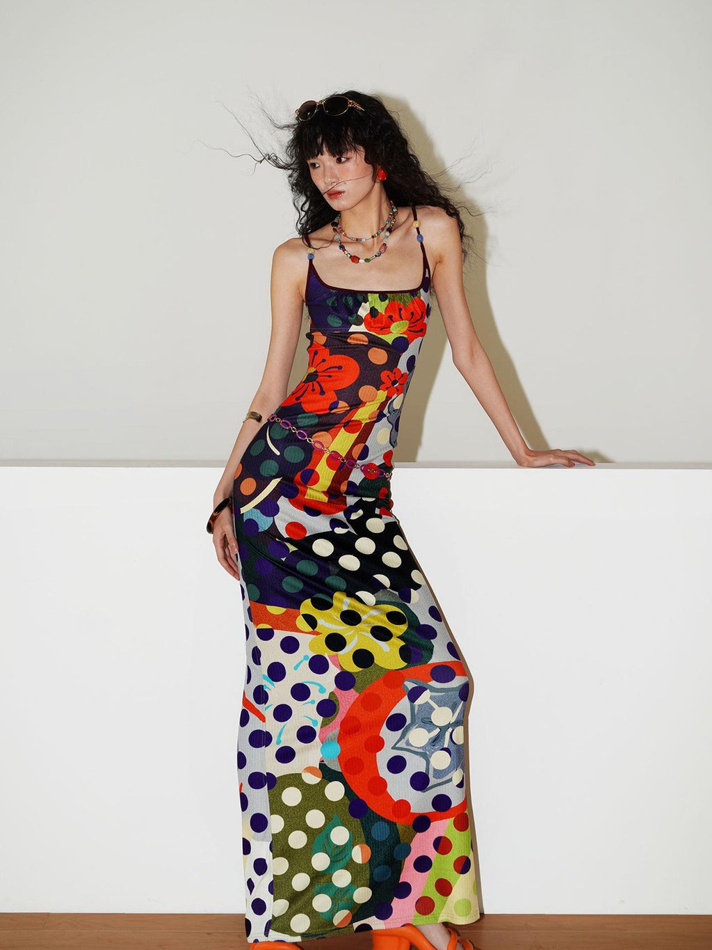 badtaste Western Colorblock Polka Dot Beaded Square Neck Women's Knit Slip Maxi Dresses