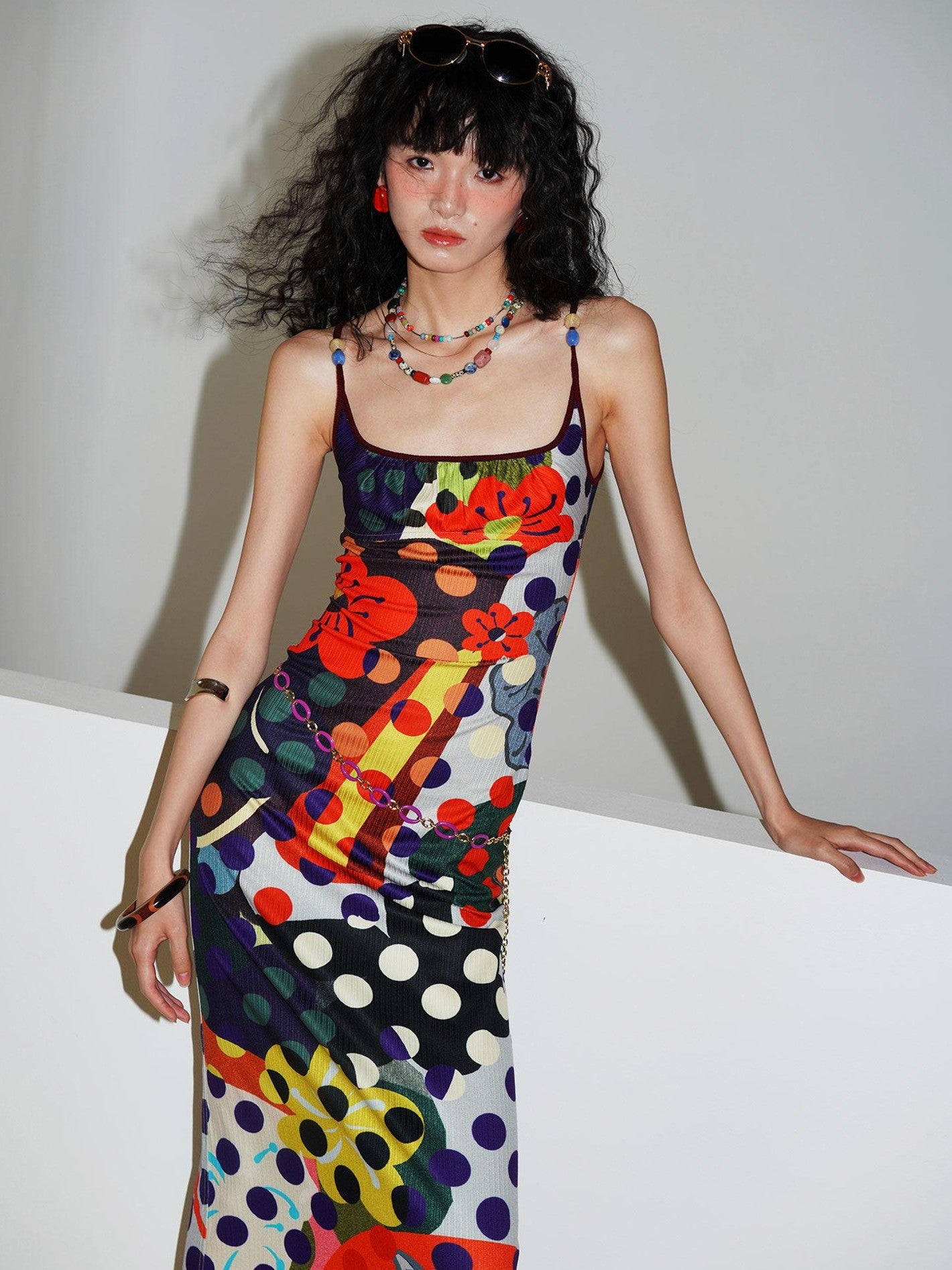 badtaste Western Colorblock Polka Dot Beaded Square Neck Women's Knit Slip Maxi Dresses